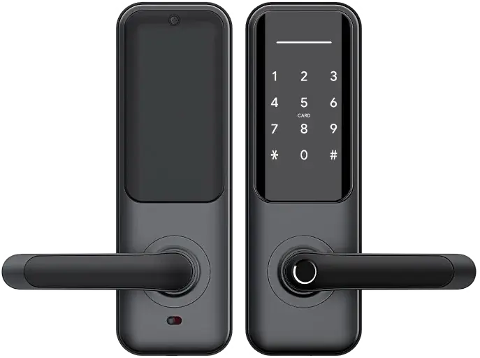 Cerradura digital SmartNest, vista exterior con teclado y huella, y vista interior